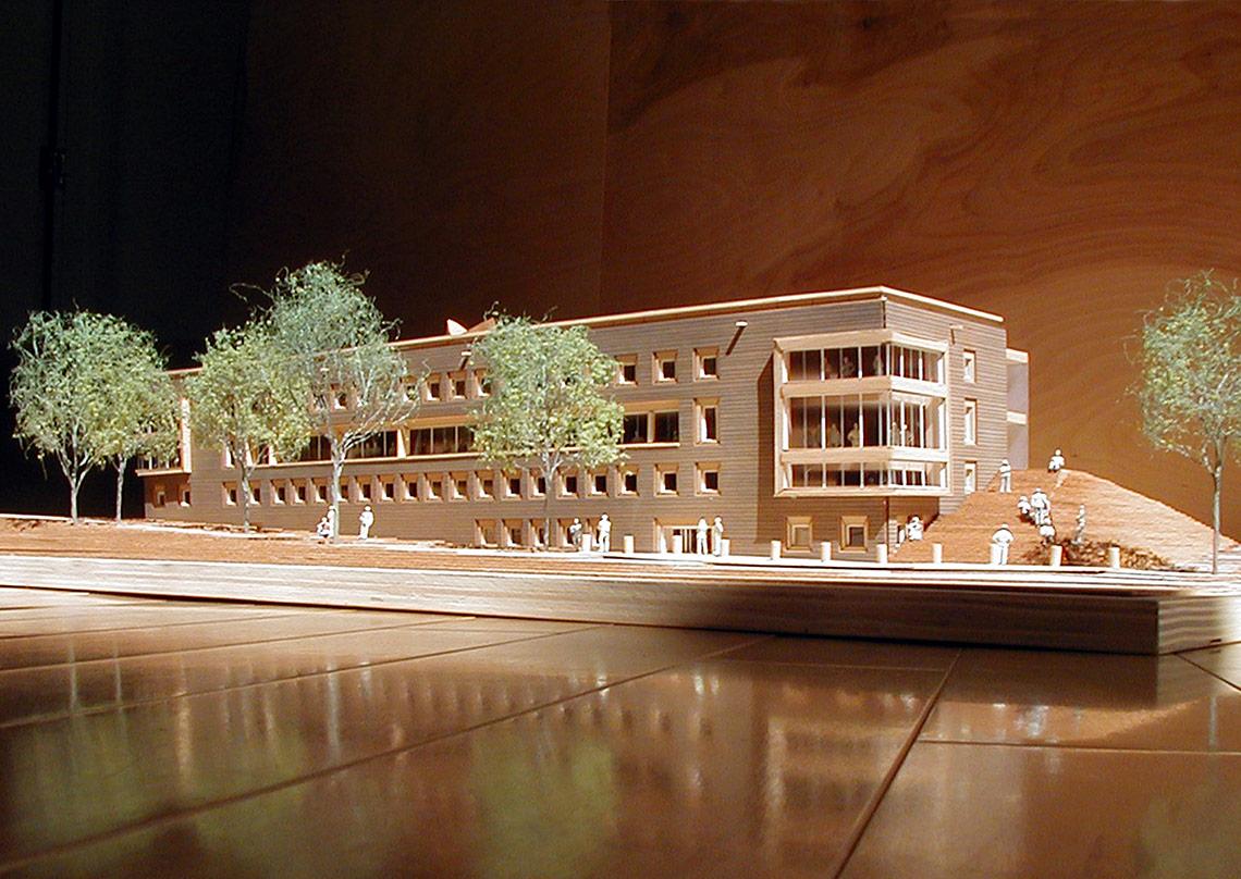 side view of an architect's model of the Case Library, Colgate University building and grounds