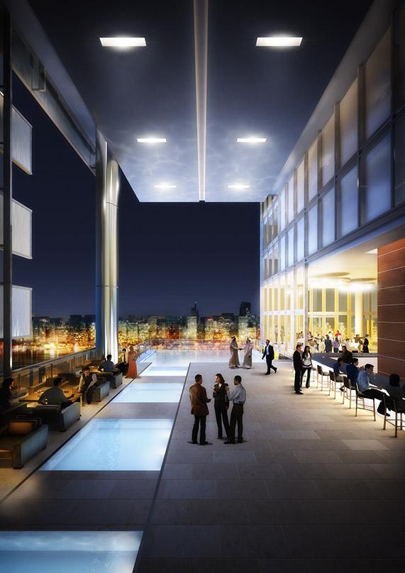 an architectural rendering of an open lobby looking out at the nightime city from the Abu Dhabi Luxury Hotel