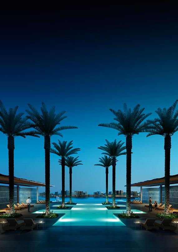 an architectural rendering at sundown palm trees and poolside Abu Dhabi Luxury Hotel