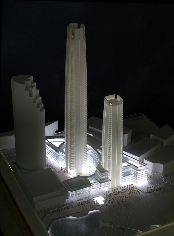 an architectural model of Four Seasons place in Kuala Lumpur