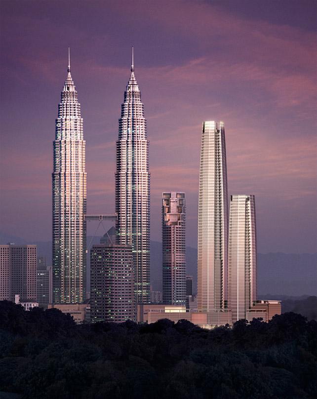 Four Seasons Place has been coordinated to complement the neighboring Petronas Towers and to further define the Kuala Lumpur skyline