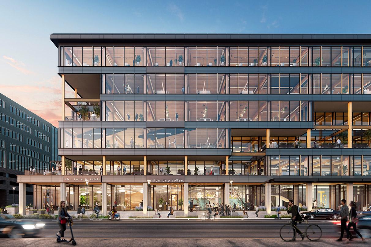 T3 RiNo is a six-story mass timber office building featuring numerous open terraces