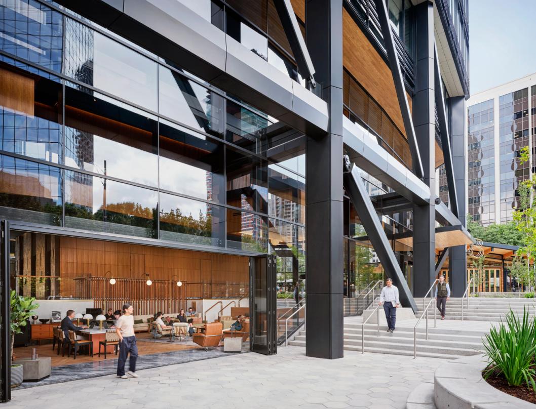 Pedestrian level view of our next-generation Class A commercial office development design in Bellevue.