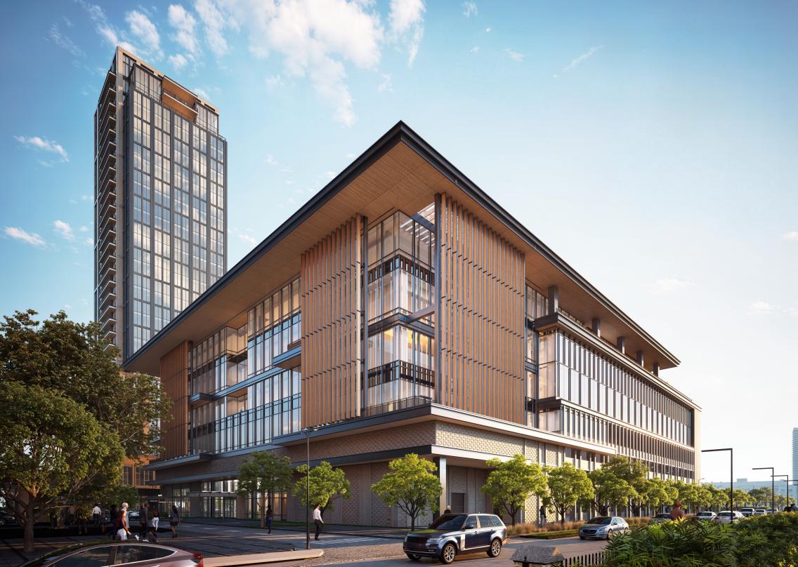 The RO in Houston – mixed-use development with luxury residential tower, office buildings, public green space, and vibrant urban design by Pickard Chilton.