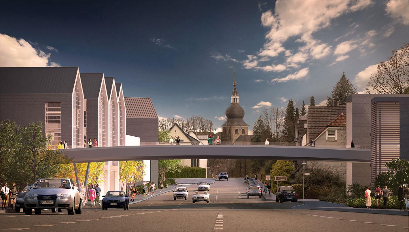 bridge over road at dusk Design proposal for Remscheid Designer Outlet Centre in Germany 