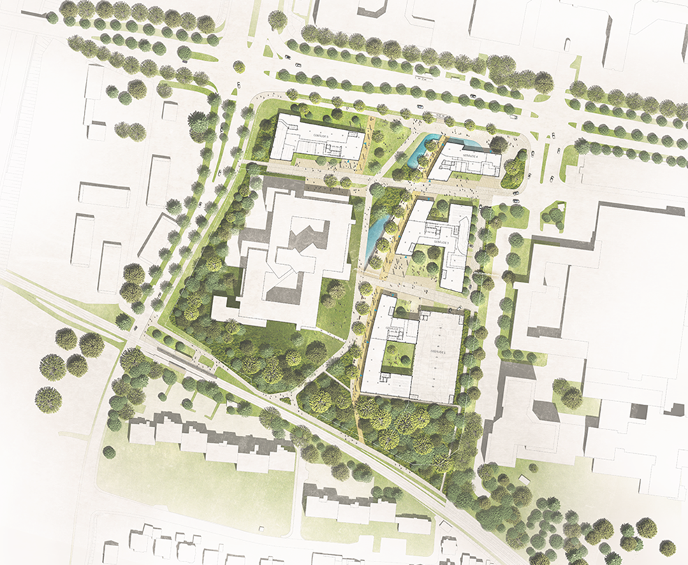 Plieninger Straße 140’s phase 2 roof plan that captures the broader view of H-shaped office building designs and the street designs around it