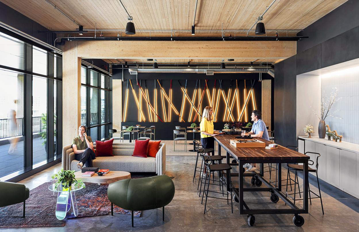 Interior designs incorporated into the proposal for T3 RiNo project in Denver, Colorado with suspended roof patterns.