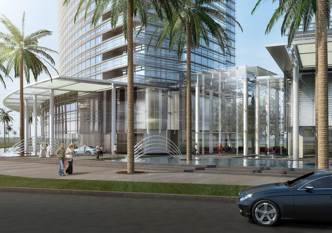 Two palm trees and street view The Atrium Dubai