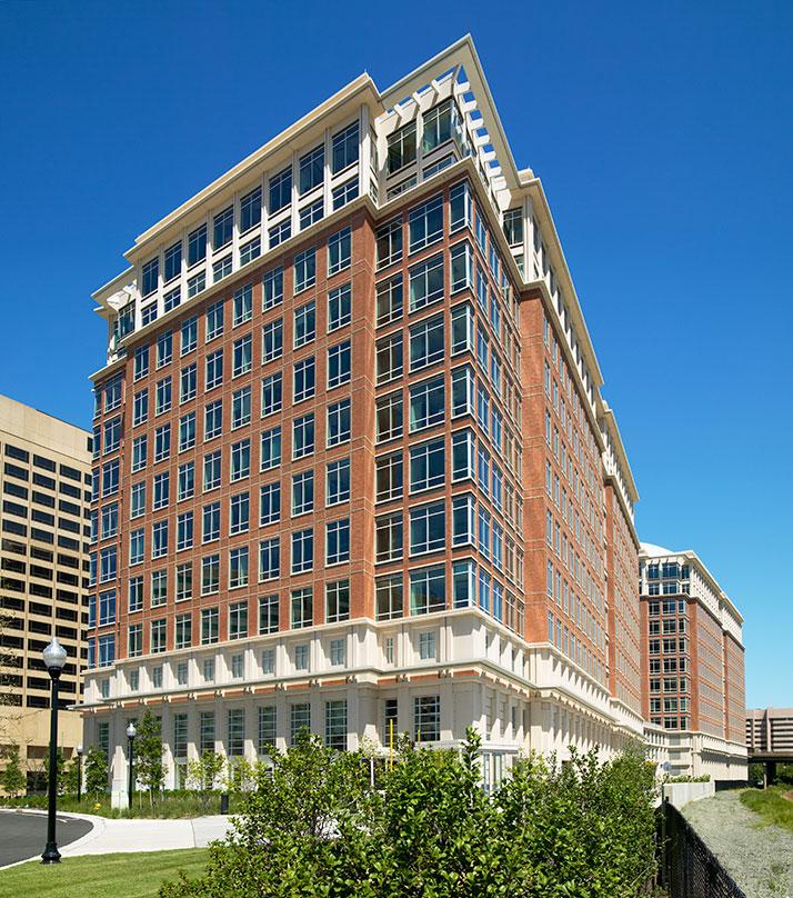 exterior view of headquarters for the United States Environmental Protection Agency with carefully-crafted brick and cast stone.