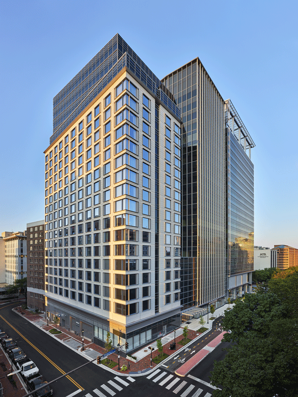 Exterior view of the Avocet Tower, a transit-oriented development project designed with an enhanced shading system.