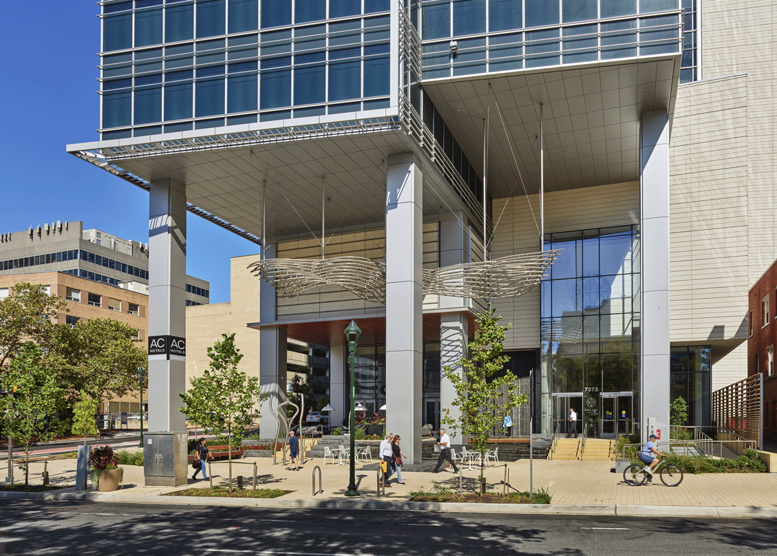 Entrance of the Avocet Tower, a transit-oriented development project design.