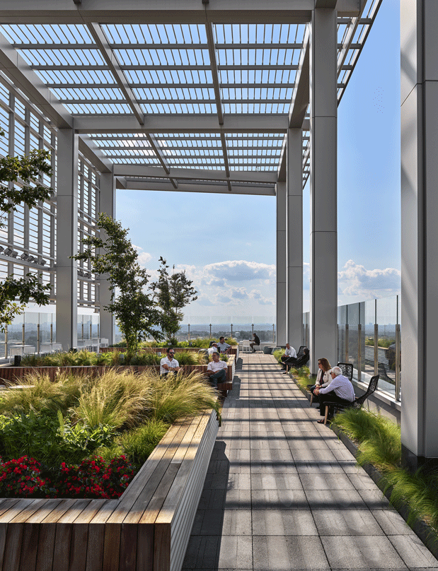 The upper level deck at the Avocet Tower with atrium design for adequate natural light.