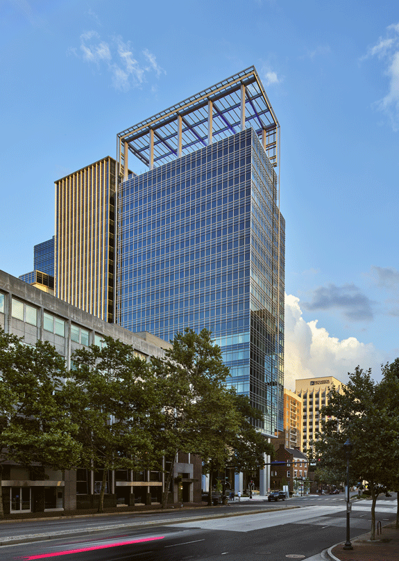 Exterior view of the Avocet Tower, a transit-oriented development project designed with an enhanced shading system.