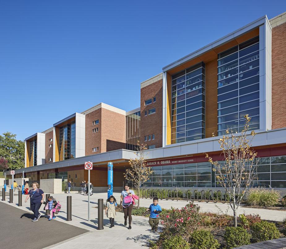 Barack H. Obama Magnet University school, the three-storey brick-clad building New Haven, Connecticut.