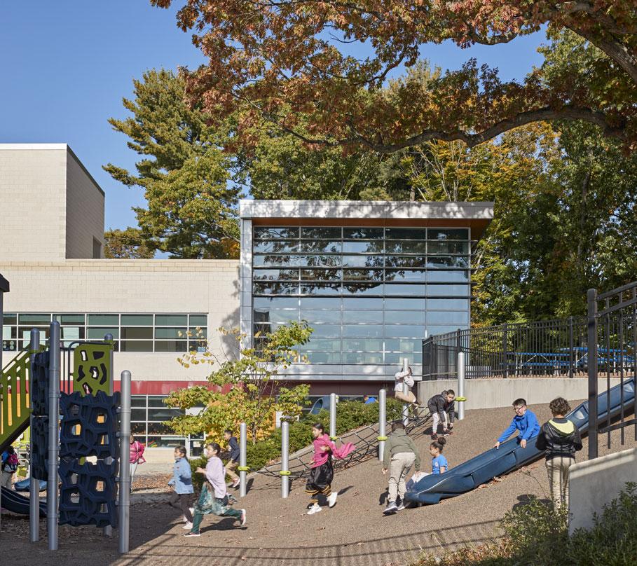 Children playing outside of their classroom at Barack H. Obama Magnet University school in New Haven, Connecticut