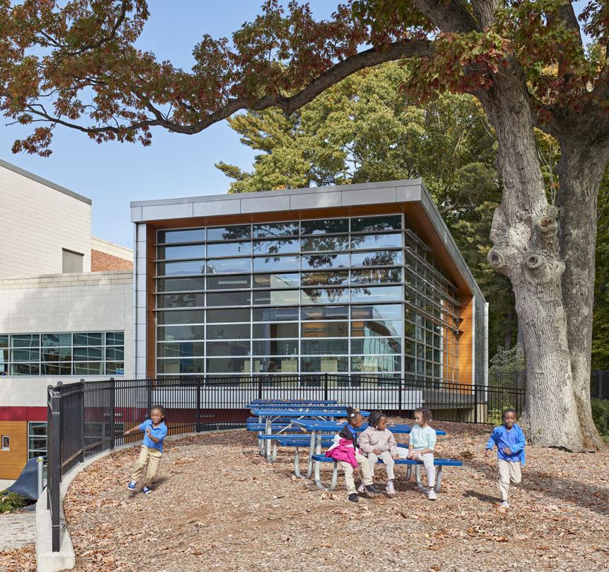 Children at play outside of their classroom at Barack H. Obama Magnet University school in New Haven, Connecticut