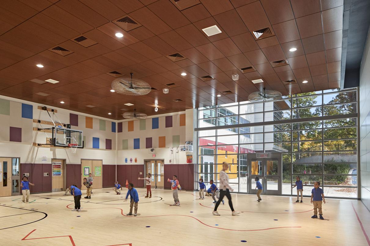 Barack H. Obama Magnet University school gymnasium where children include play in New Haven, Connecticut