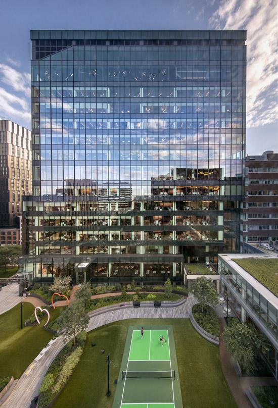 Google Cambridge tower view over the newly accessible Kendall Square park 