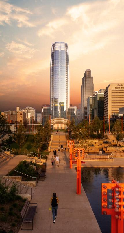 Pedestrians experience the promenade leading to the Mutual of Omaha headquarters tower in Omaha, Nebraska