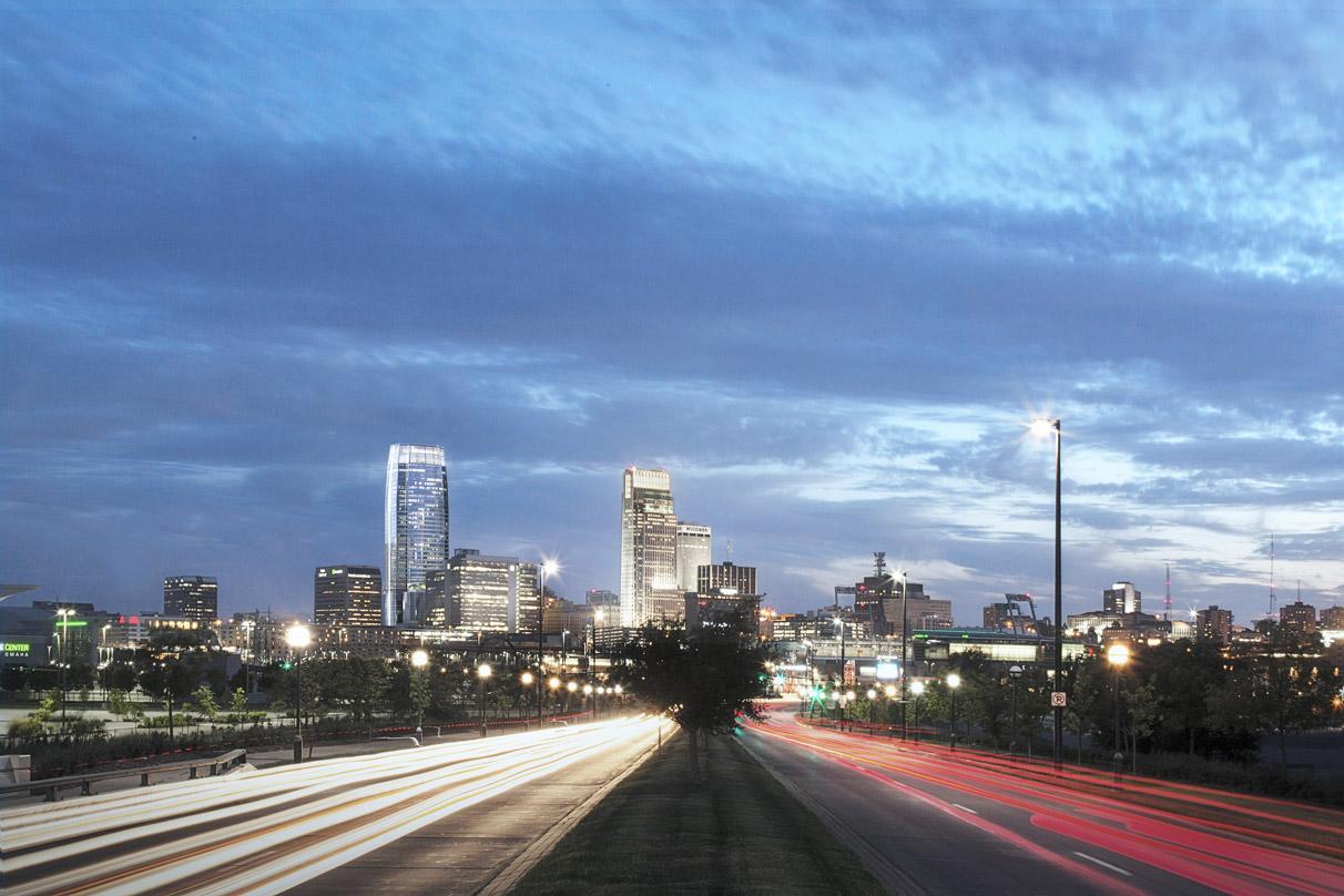 Driving view of the Mutual of Omaha headquarters tower in Omaha, Nebraska