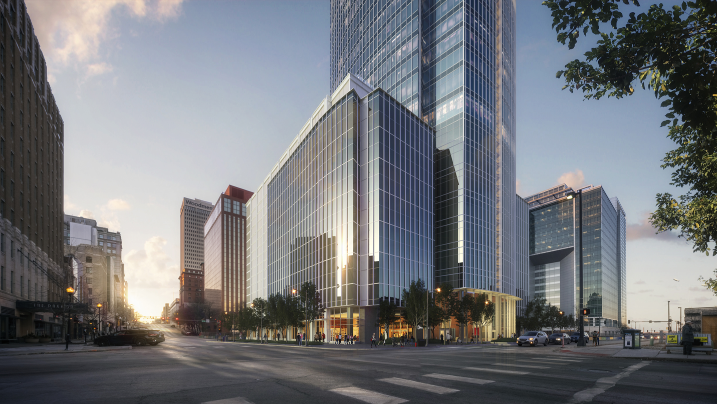 A street view of the new Mutual of Omaha headquarters tower in Omaha, Nebraska