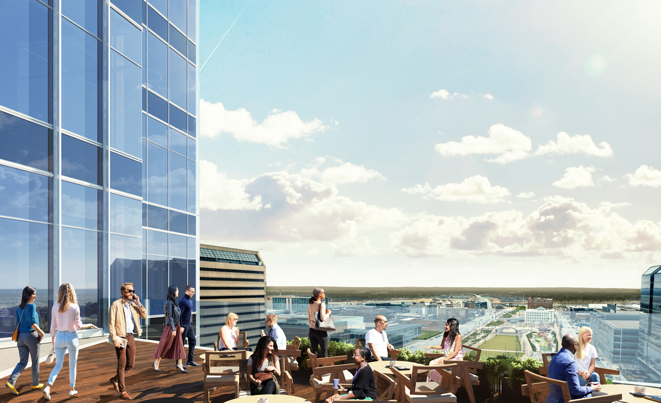 Employees take a break at the Mutual of Omaha tower on the plentiful terraces