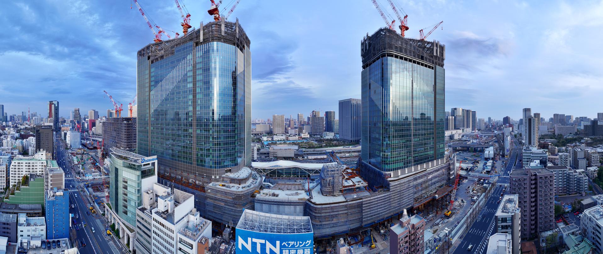 The drone view of the construction for Takanawa Gateway City, the redevelopment of the northern portion of Tokyo’s Shinagawa Station.