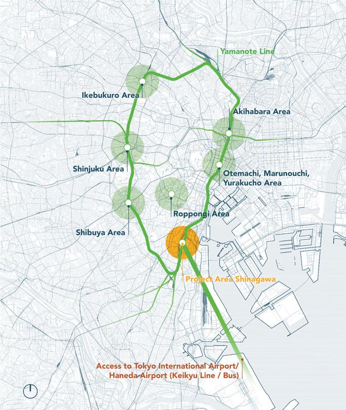 Map of Tokyo area surrounding Takanawa Gateway City master plan