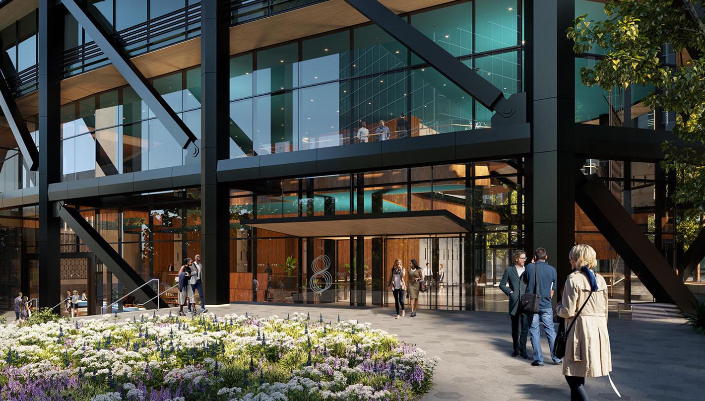 Pedestrian level view of our next-generation Class A commercial office development design in Bellevue.