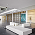 white decorative rectangular seating inside a lobby hall ExxonMobil Wellness Center