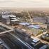 Aerial view of the design proposal for T3 RiNo project, six-story heavy timber office building located in Denver, Colorado.