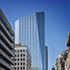 A stree view looking up at the Glass frame walls incorporated into the 609 Main, Class-A next generation office tower in Houston, Texas.