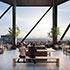 Open air rooftop terrace offers amenity spaces and views of the mountains