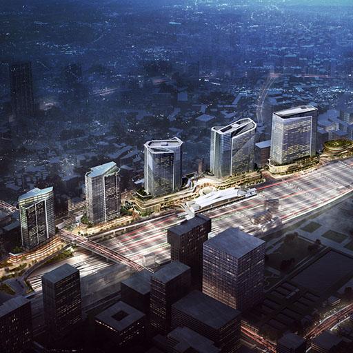 The aerial view of our concept design for Global Gateway Shinagawa, the redevelopment of the northern portion of Tokyo’s Shinagawa Station.