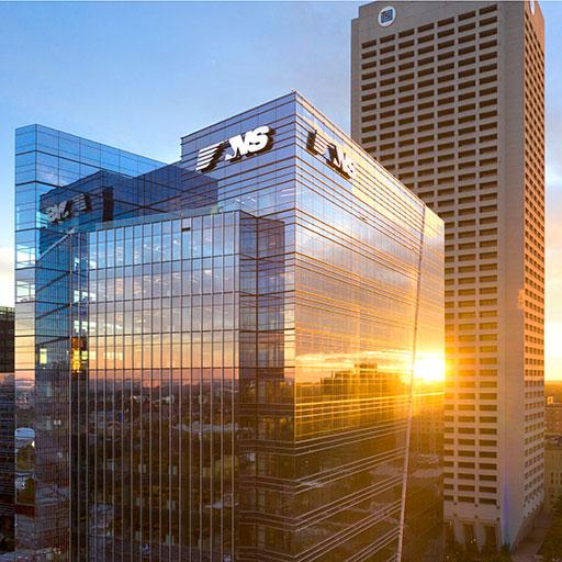 The vibrant architectural structure of Norfolk Southern Headquarters in Midtown Atlanta unified by a five-story campus-style hub.