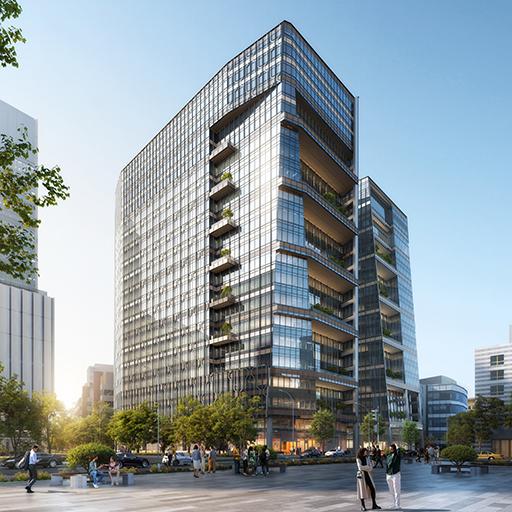 250 and 290 Binney Street, twin glass office towers designed by Pickard Chilton in Cambridge’s Kendall Square, reflecting sunlight with landscaped surroundings.