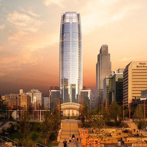 Rendering of Mutual of Omaha’s new 44-story glass headquarters, set against a sunset skyline, with a landscaped urban plaza in the foreground.