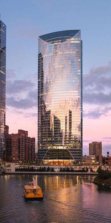 Front view of the River Point, located in Chicago, Illinois with adequate greenery and convex surface.