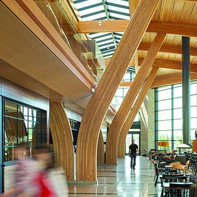 The exquisite interior design of ATCO Commercial Centre built with rich wood in the palette of deep earth tones.