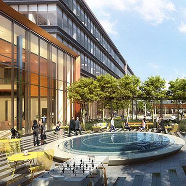 The exterior concept design of the Hewlett Packard Enterprise Corporate Campus with fountain and adequate greenery. 