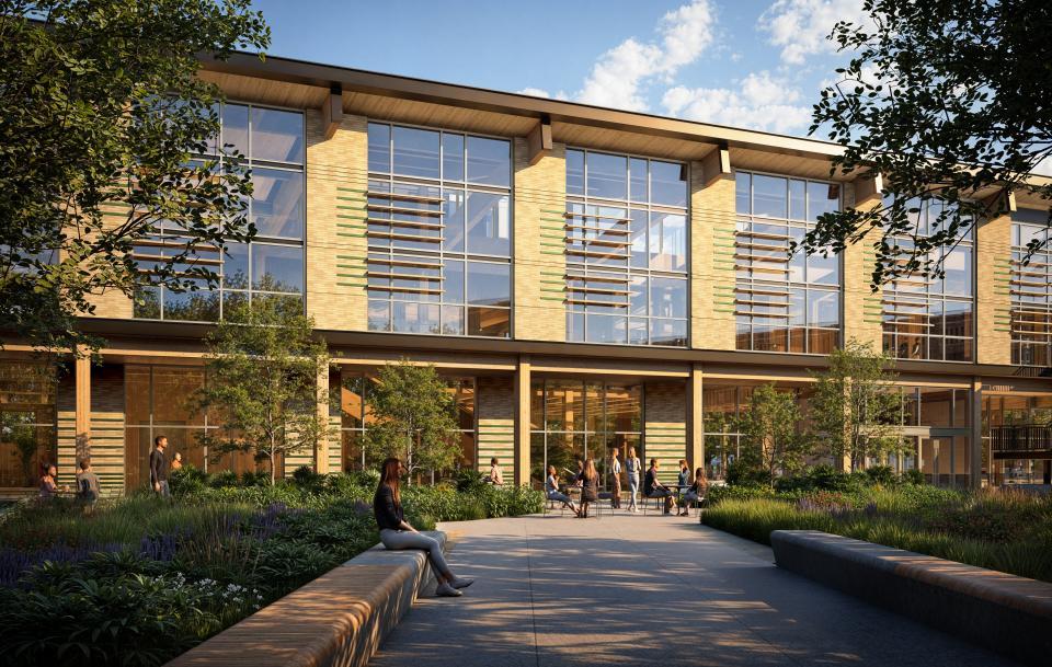 Exterior rendering of the Aplin Center at Texas A&M University designed by Pickard Chilton and DLR Group, showcasing sustainable mass timber architecture