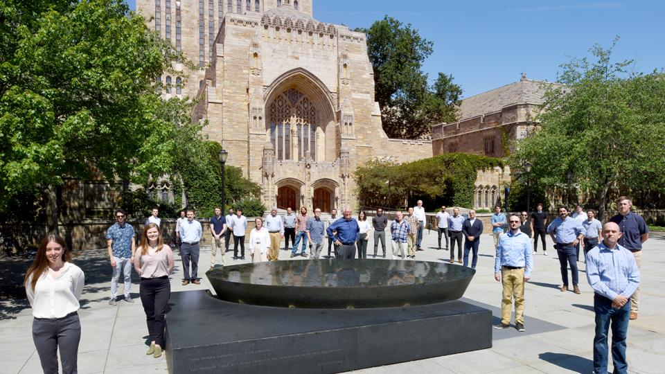 Pickard Chilton team posing together outside Yale's Sterling Library in the summer 2020.