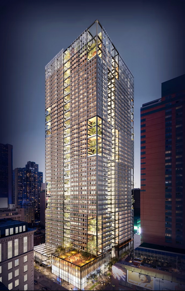 Nighttime rendering of 1633 Broadway in New York City with its illuminated grid façade and elevated garden terraces; the Grid Commons project in NYC earned Michael Hensley the Vision Design Excellence Honor Award.