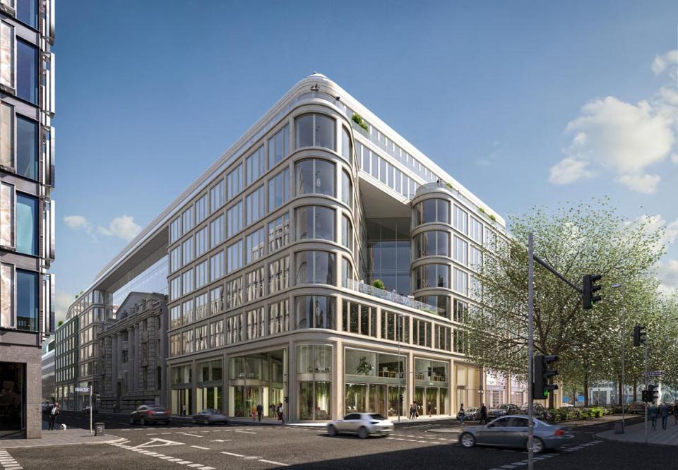 Architectural rendering of Le Coeur building, showcasing a modern repositioning with a glass facade reflecting the urban landscape, designed to enhance pedestrian flow and community integration.