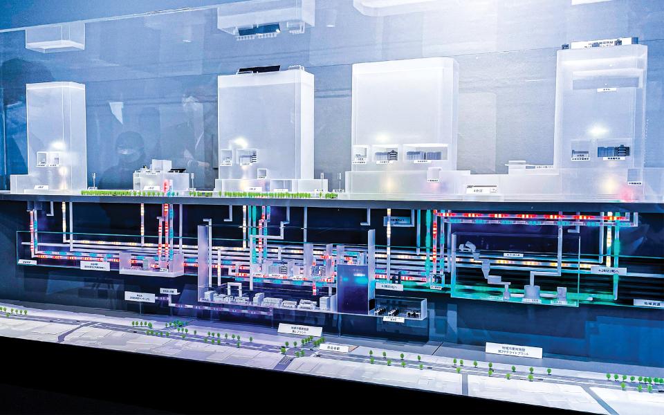 Model featuring sustainable infrastructure of Takanawa Gateway City