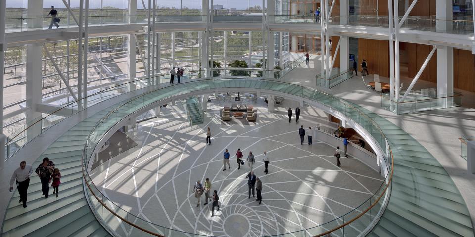 People gathering in the Devon Energy Rotunda, the hub of the building