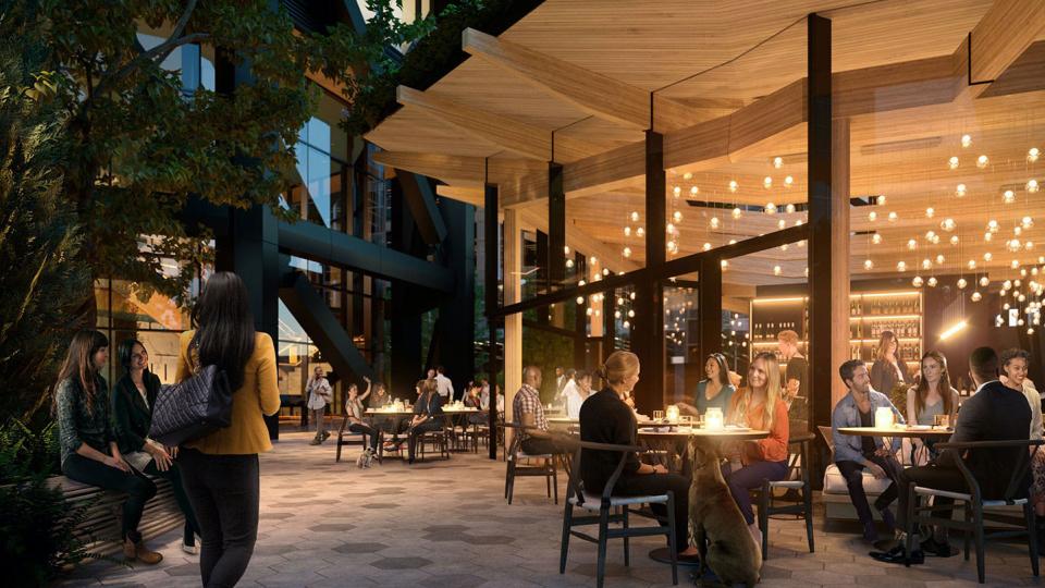 Concept art of The Eight, where people gather for al fresco dining in the evening