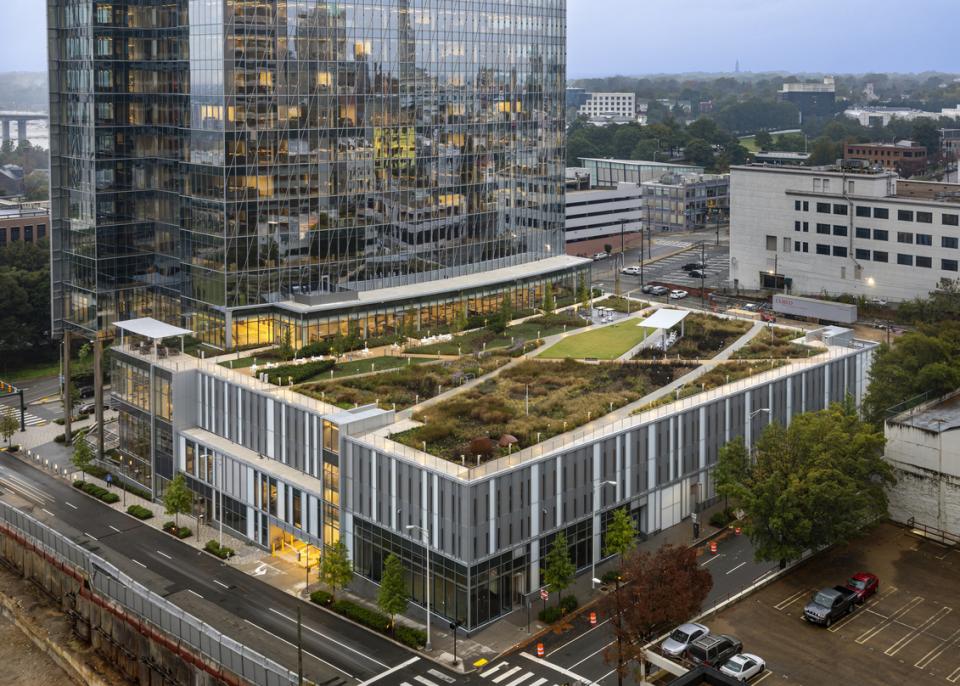 A rooftop courtyard creates a public realm on Thomas F. Farrell II Building
