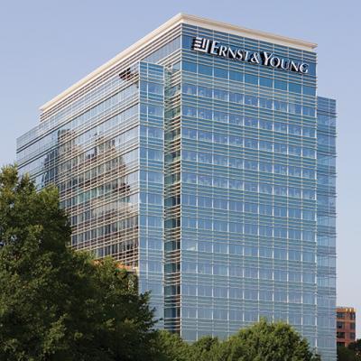 Exterior view of the floor to ceiling vision glass in the regional headquarters of Ernst & Young, located in Atlanta, Georgia.