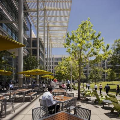 Employees spending their leisure time in a cafeteria outside the ExxonMobil Office Complex with adequate greenery. 